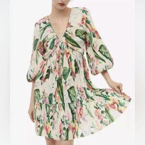 H&M floral long sleeve plisse pleated floral mini dress size small
